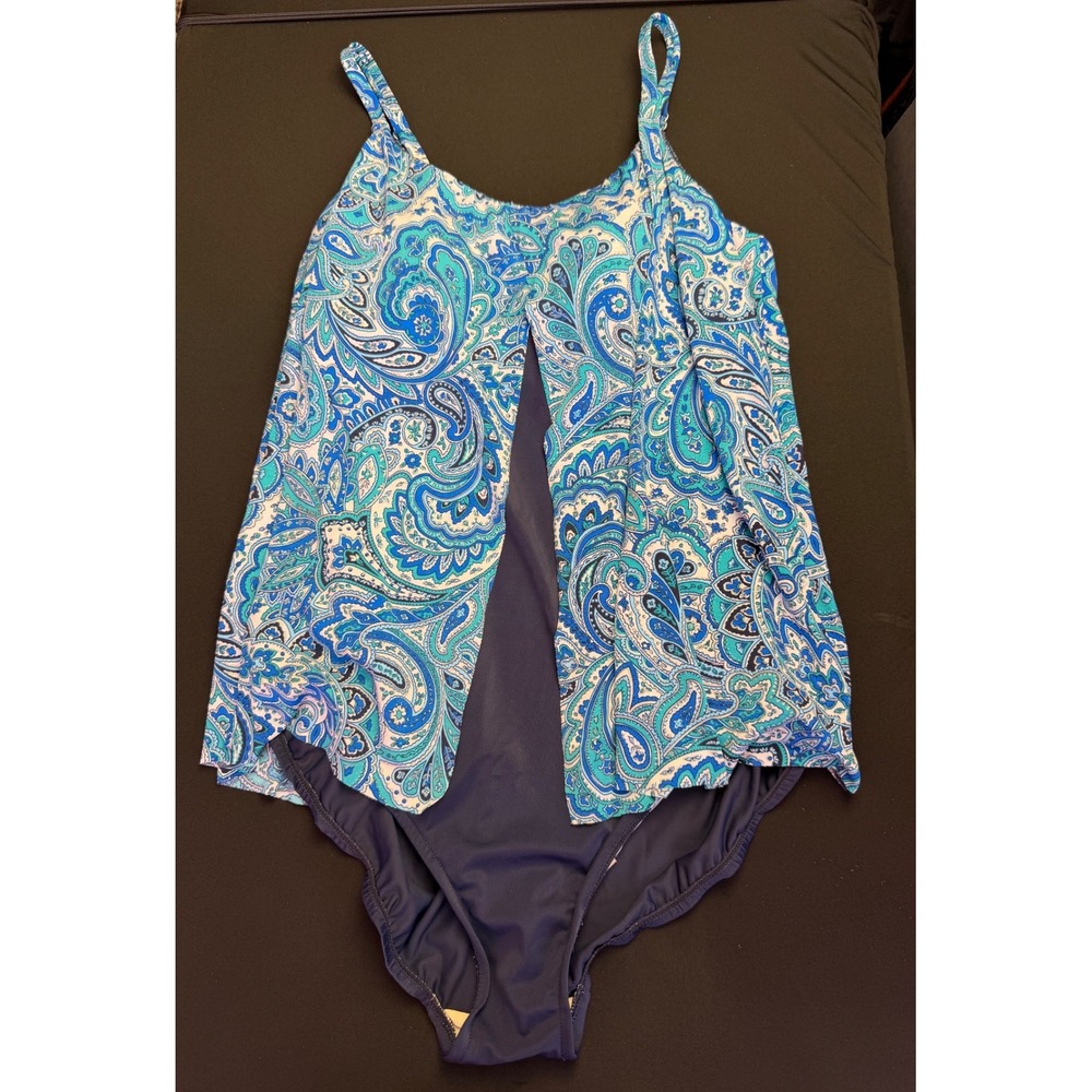 Paradise‎ Bay Swimsuit 18 Blue Paisley Flyaway Tankini 1 Piece Modest Swim Dress